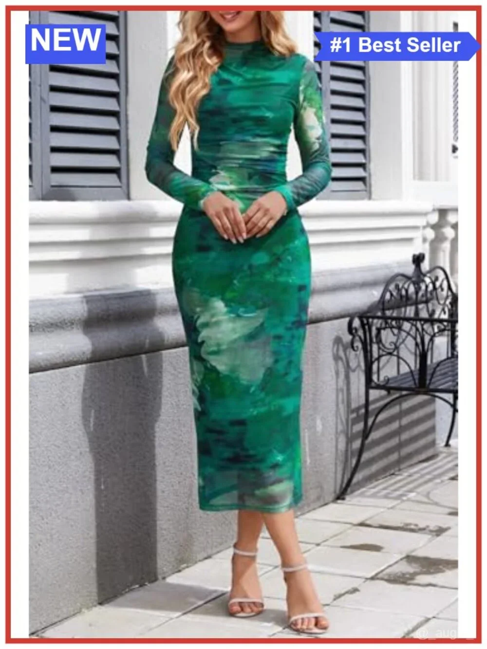 Long Sleeve Tie-Dye Maxi Dress with Ruched Detail and Mock Neck
